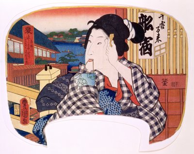 Summer, the river at Ryoguku; A geisha combing her hair, design for a fan from a set of four illustrating the seasons by Utagawa Kunisada